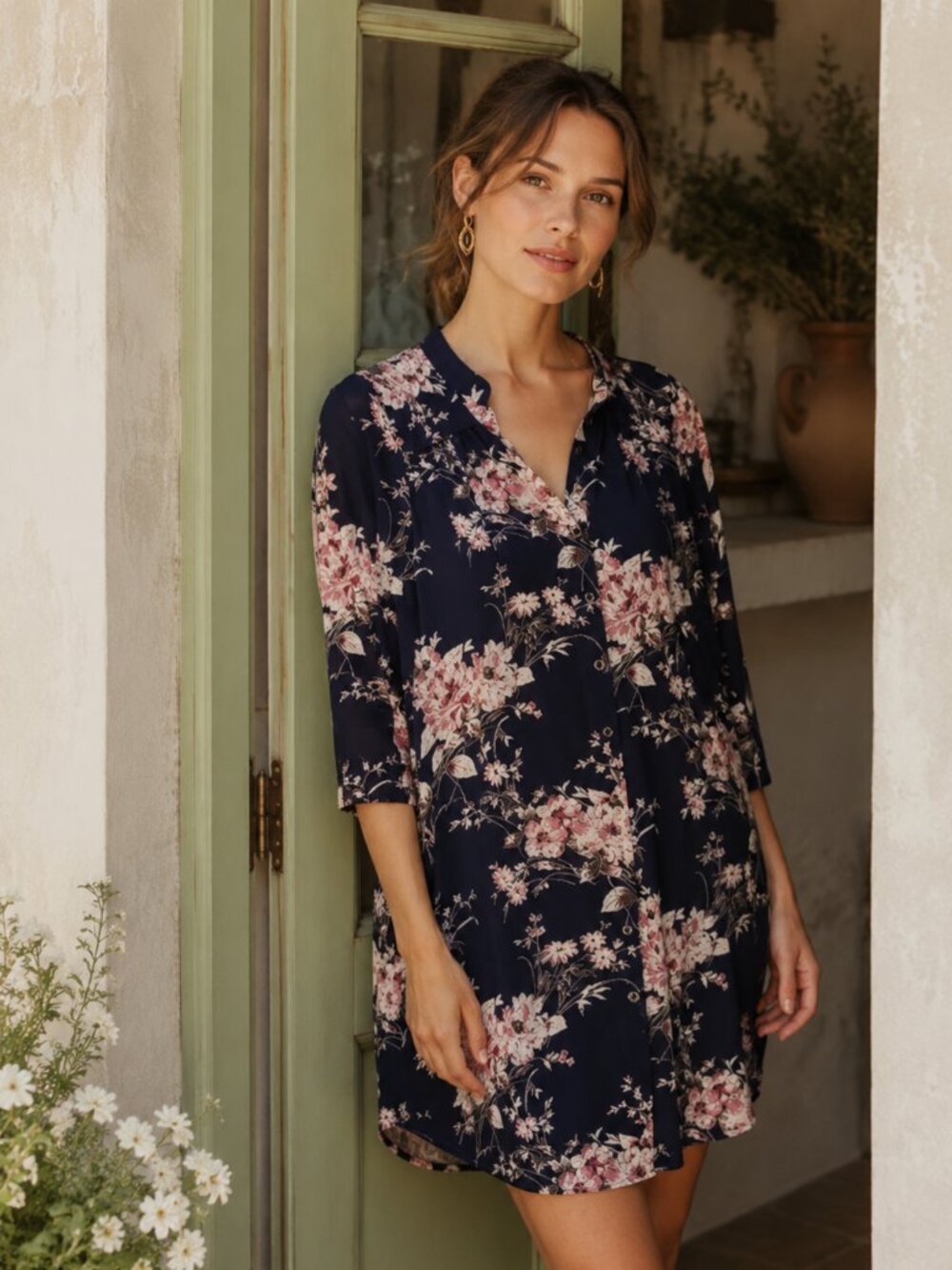 41 HAWTHORN ANTHRO Cristen Shirt Dress MP Navy Floral Button Front Tunic Dress - Picture 16 of 16